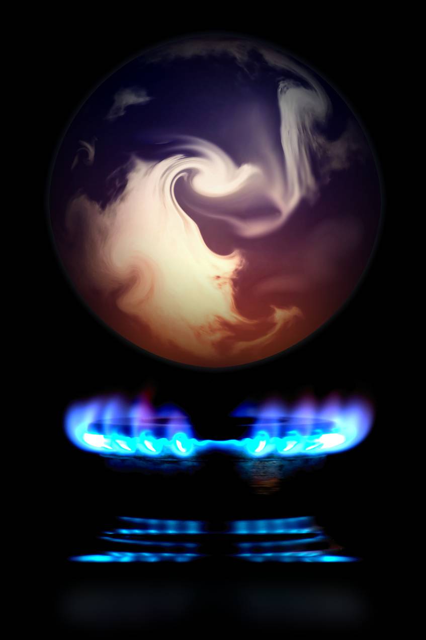 Creative concept photography - Globe over gas flames - a 2 shot composite